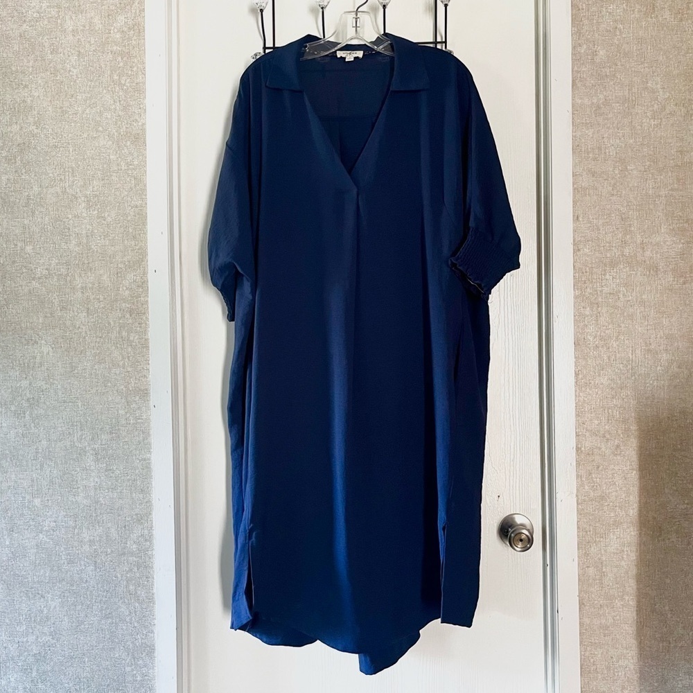 Umgee Deep Blue Ribbed Textured V-Neck Tunic Dress